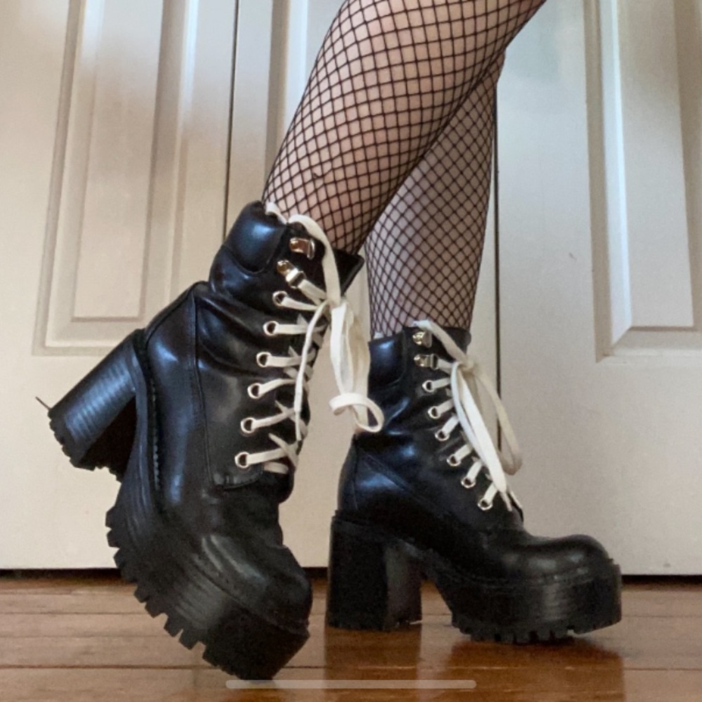 Faux leather heeled platform boots